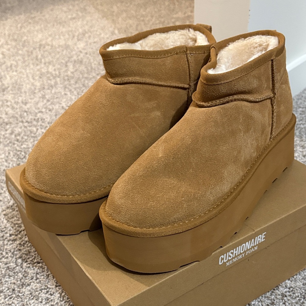 Cushionaire Platform Genuine Suede Faux Fur Lined Ankle Boots - Tan